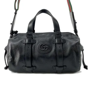 GUCCI Double G Duffle Shoulder Bag Black 725701 Leather Size Small