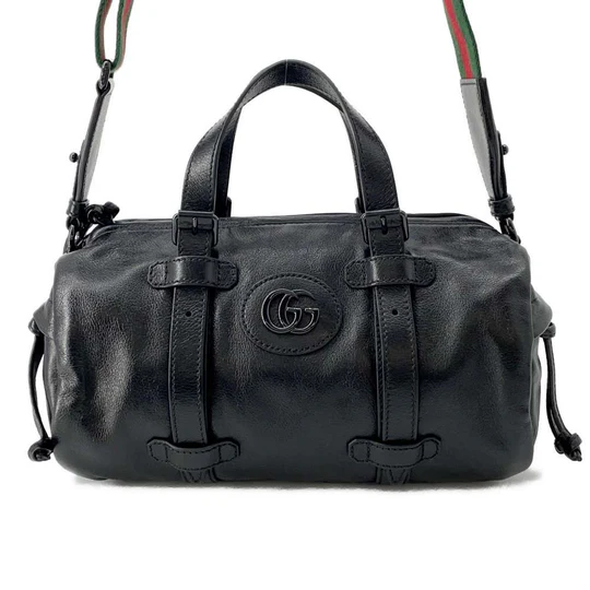 GUCCI Double G Duffle Shoulder Bag Black 725701 Leather Size Small