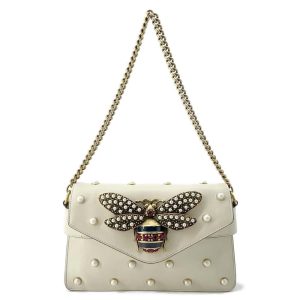 GUCCI Broadway ChainShoulder Bag White 453778 Leather Faux Pearl Rhinestone