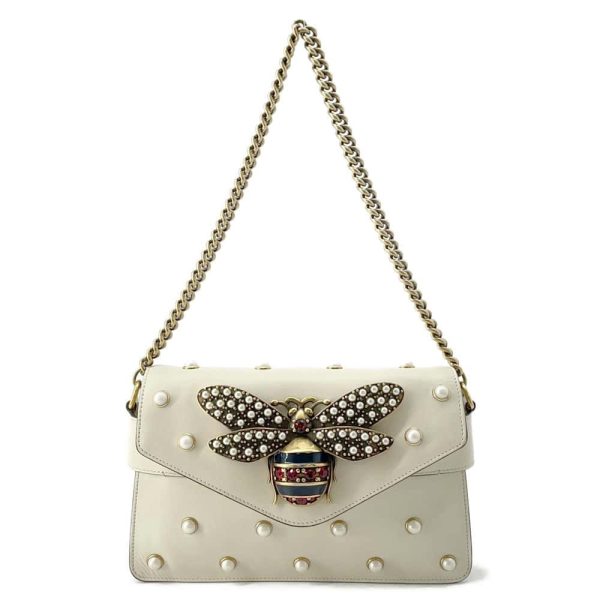 GUCCI Broadway ChainShoulder Bag White 453778 Leather Faux Pearl Rhinestone